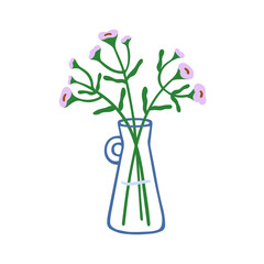 Flowers in glass vase. Spring floral plant, field bloom, cut meadow stems in jug. Delicate fragile summer wildflowers, simple wild herbs. Flat vector illustration isolated on white background