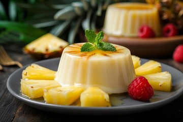 Elegant vanilla panna cotta dessert garnished with pineapple and raspberries on a plate. - obrazy, fototapety, plakaty