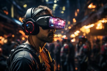 a man wearing headphones and a virtual reality headset - obrazy, fototapety, plakaty