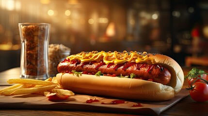 Delicious hot dog on tables with blurred background. - obrazy, fototapety, plakaty