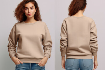 A woman in jeans is wearing a front and back sweatshirt mockup. - Powered by Adobe