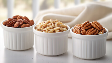 Pristine White Bowls of Nuts - A Study in Contrast and Clean Eating