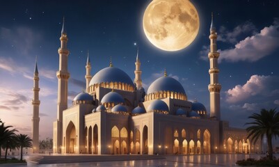 Best islamic background, beautiful mosque in beautiful night, full of stars, eid al fitr...