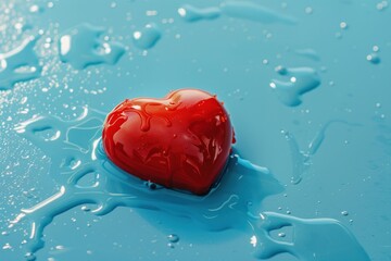 A red heart melting on a blue pastel background. 