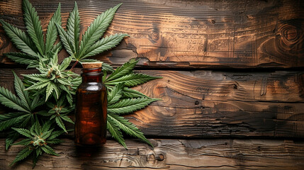 Medical marijuana leaf and glass vintage vial on mahogany wooden background