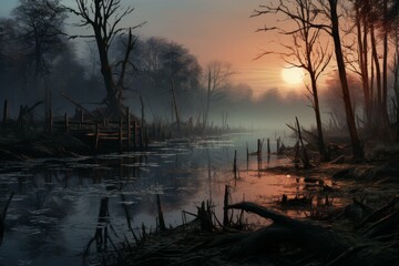Eerie swamp landscape with a dilapidated bridge at dusk.