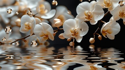 A branch of a white orchid with golden buds above the water, the reflection of orchids in the...