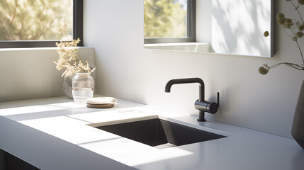 Fototapeta na wymiar Modern Kitchen Sink with Minimalist Black Faucet, Perfect for Home Renovation and Design Projects