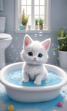  adorable baby bunny cat with cute big blue eyes, bathroom filled with bright bubbles, two cross bridge cat and rabbit, style photo studio sitting in a bathtub full of foam and water