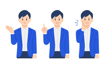 案内･指差し･呼びかけのポーズをするビジネスパーソン男性のセット【人物ベクターイラスト素材】