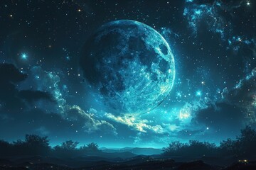 Naklejka na ściany i meble The beauty of the night sky a starry expanse, with the moon shining brightly.