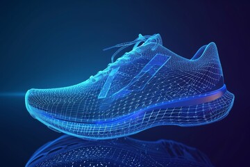 Blue glowing wireframe of a running shoe, highlighting design and technological innovation in sportswear. - obrazy, fototapety, plakaty