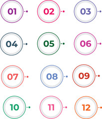 Bullet points numbers. Colorful list markers from 1 to 12. Vector design elements set for modern infographic. - obrazy, fototapety, plakaty