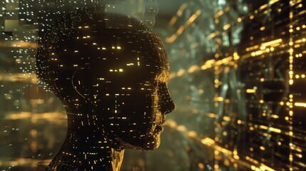 A digital human head silhouette filled with glowing circuits, representing artificial intelligence and data processing.
