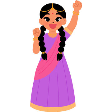 Happy cute Indian girl in traditional costume yippee cartoon illustration