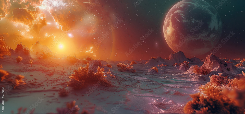 Poster Surface of planet in colorful outer space. Generative AI.