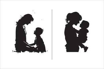 Silhouette mother with a Daughter, mother with a son Vector illustration for Mother's Day.