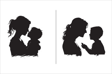 Silhouette mother with a Daughter, mother with a son Vector illustration for Mother's Day. - obrazy, fototapety, plakaty