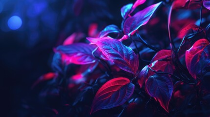Small tropical leaves in neon colors. Creative fluorescent picture of exotic leaves.The concept of nature.