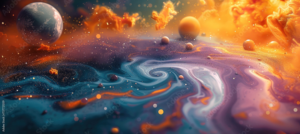 Poster Surface of planet in colorful outer space. Generative AI.