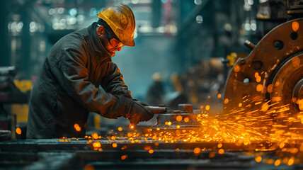 Industrial Mastery - Skilled Worker Cutting Metal with Sparks Flying