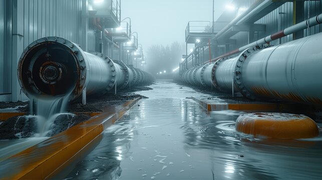Wastewater filtration system, sludge treatment, squeezing by saline drainage from rivers or lakes. Generative AI.
