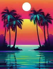 Abstract palm summer vibrant gradient background vector graphic illustration. Futuristic neon backdrop with different trees branch bright design. Tropical and vacation concept Generative AI