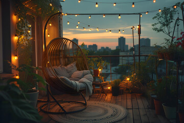 A comfortable rooftop patio area with a lounging area, a hanging chair, and string lights at dusk in the summer, perfect for relaxation and leisure.