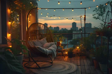 Fotobehang A comfortable rooftop patio area with a lounging area, a hanging chair, and string lights at dusk in the summer, perfect for relaxation and leisure. © NE97