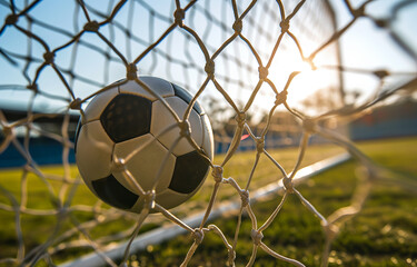 Naklejka premium Football arena, soccer ball in the stadium, ball in soccer net, ball in the goal, close-up. Football match, championship, sports. Photorealistic, bokeh effect. 