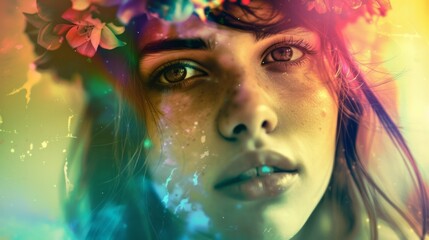 Young Woman Wearing Flower Crown, Close Up Artistic Retro Portrait Photograph, Rainbow, Colored Lights, Vintage Filter, teen girl, pouty lips, dreamy expression, lost eyes, shadow and light, moody art