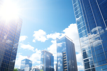 Fototapeta premium modern business center with skyscrapers and sun in the blue sky