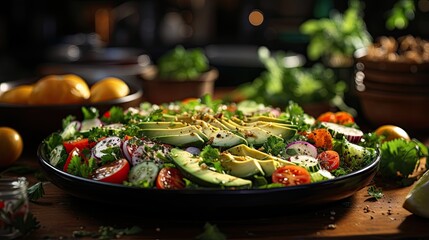 Delicious fresh salad on tables with blurred background.