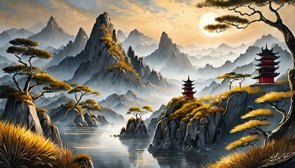 sunset over the river,New Chinese style national trend abstract art mountain landscape painting, creative golden line drawing landscape concept illustration - obrazy, fototapety, plakaty