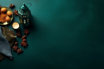 Flat lay composition with Arabic lantern and snacks on green background. Space for text. copy space - generative ai