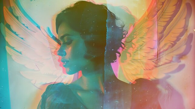 Closeup Photo Angel Girl, Retro Vintage Faded Grunge Art, Creative Collage Photography, Double Exposure Arty Style, Light tricks, Boho Bohemian Girl, Young Woman with Light Wings, Coloured Lights