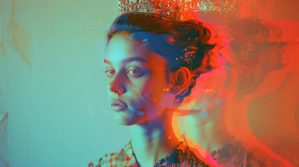 Young Woman Wearing Crown, Close Up Artistic Retro Portrait Photograph, Rainbow Lights, Colored Lights, Vintage Filter, teen girl, pouty lips, dreamy expression, lost eyes, shadow and light, moody art