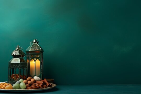 Flat lay composition with Arabic lantern and snacks on green background. Space for text. copy space - generative ai