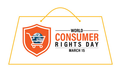 World Consumer Rights Day Poster Design. Shopping bag and Consumer hand with World map. Banner poster, flyer and background design.
