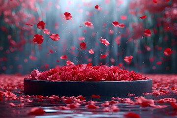 Red flower petals falling on black background. Romantic and beauty concept. Design for greeting cards and invitations
