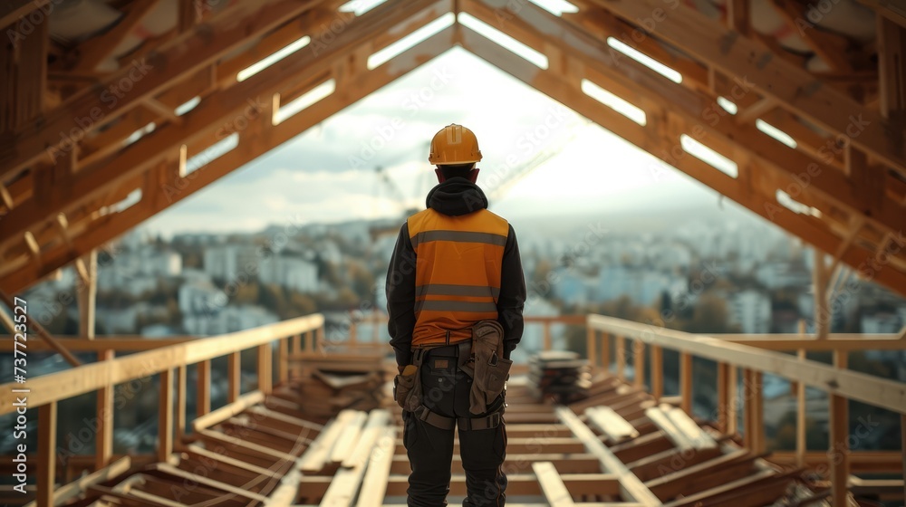 Poster construction worker working on roof structure of building on construction site. generative ai.