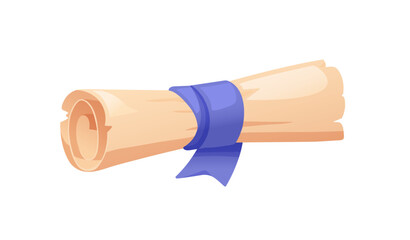 Parchment scroll. Old antique paper roll with ribbon stripe. Historical document, ancient papyrus. Medieval weathered manuscript. Flat cartoon vector illustration isolated on white background