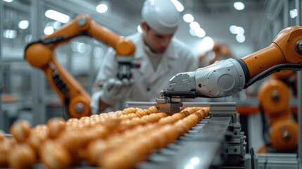 Engineer check and control automation robot arms machine in food factory industrial. Generative AI.