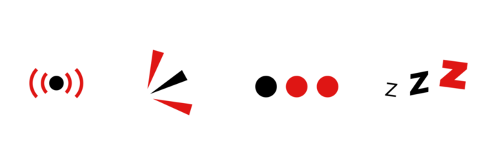 Emphasis mark, radio wave, three-point readers, and sleep mark zzz. 