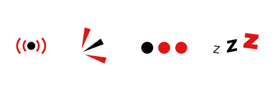 Emphasis mark, radio wave, three-point readers, and sleep mark zzz. 
