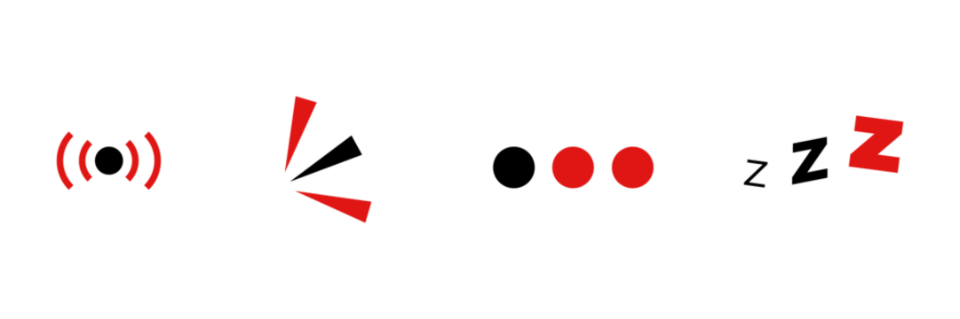 Emphasis mark, radio wave, three-point readers, and sleep mark zzz. 