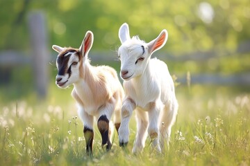 Two little funny baby goats playing on meadow with wildflowers. Farm animals in summer.