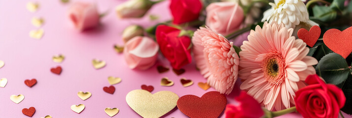 Valentine's Day banner with assorted pink and red flowers, including roses and gerberas, and scattered hearts on a pink background with space for text