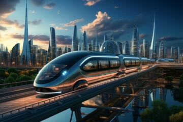 a futuristic train is going over a bridge in front of a city