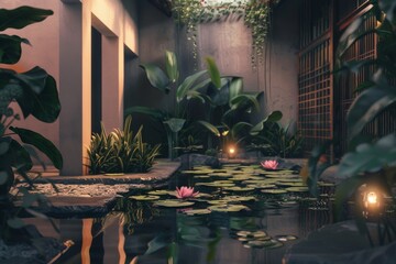 A Tranquil Room With a Pond of Water Lilies. Generative AI.